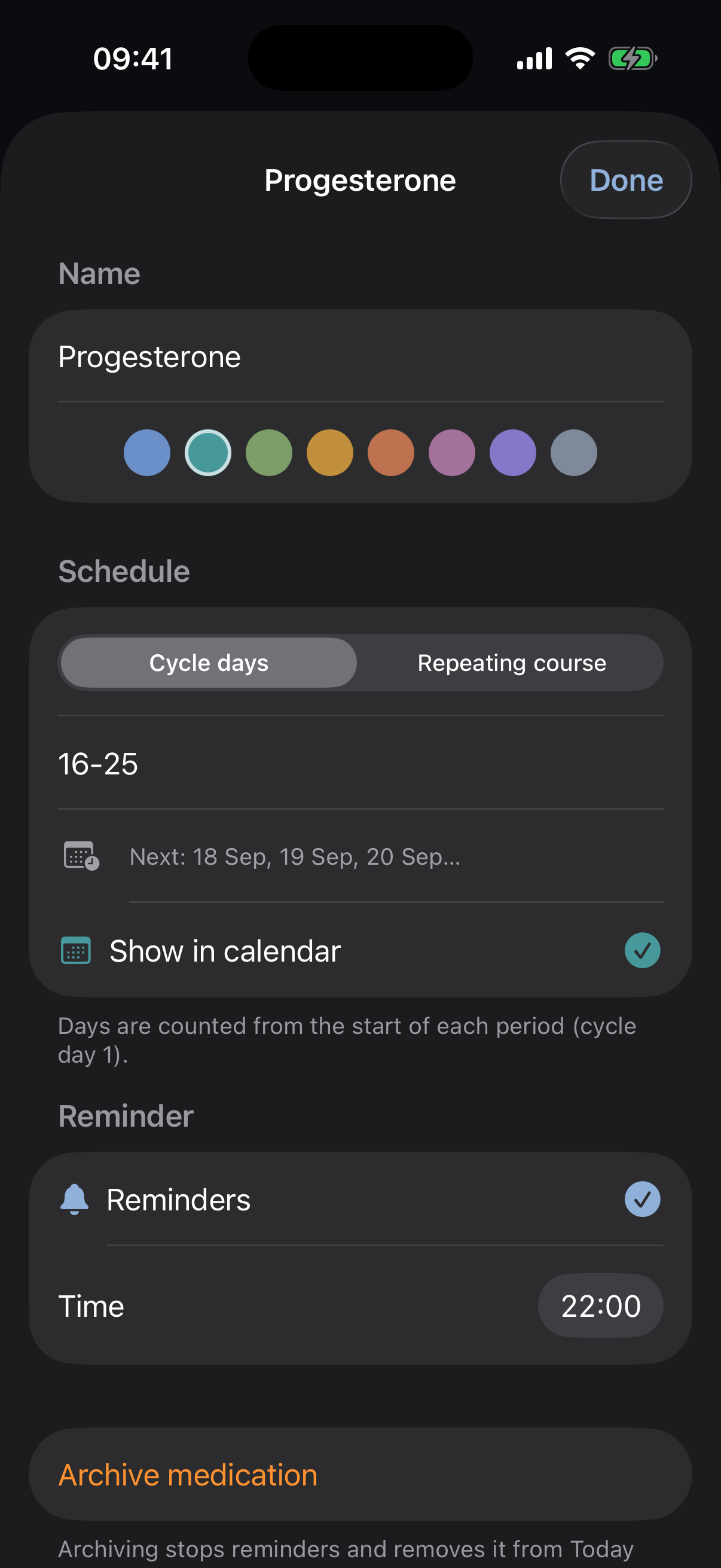 Medication editor: Progesterone, Cycle days 16-25, reminders on at 22:00, next dates shown