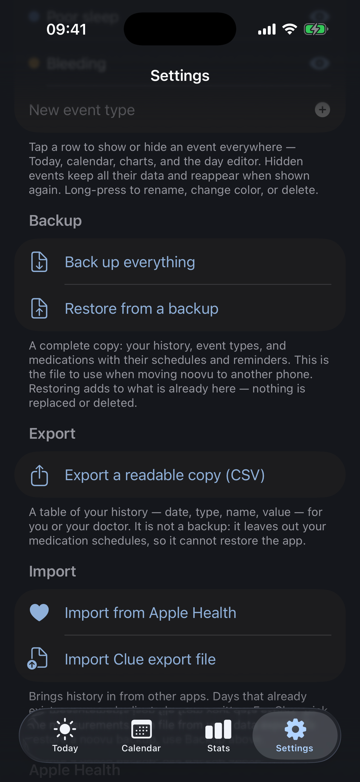 noovu Settings: Backup (Back up everything, Restore from a backup), Export CSV, Import from Apple Health or Clue